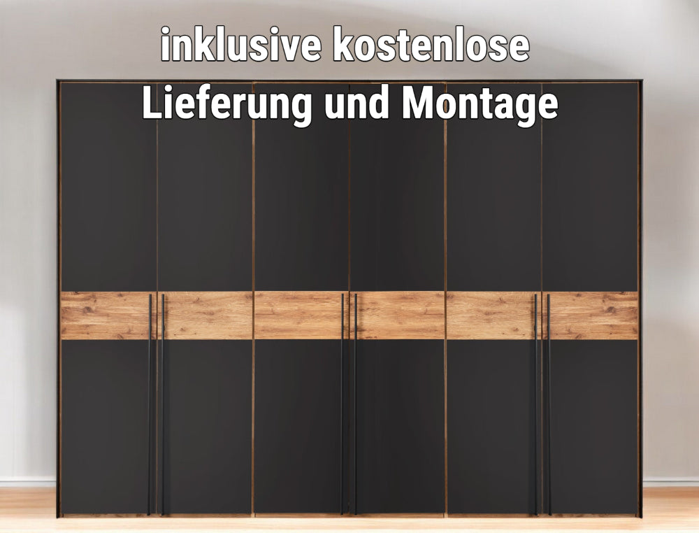 Forestales Drehtürenschrank Boston Wildeiche massiv geölt Fronten komplett aus Anthrazitglas matt B/H/T ca. 150-300 x 219 x 60 cm