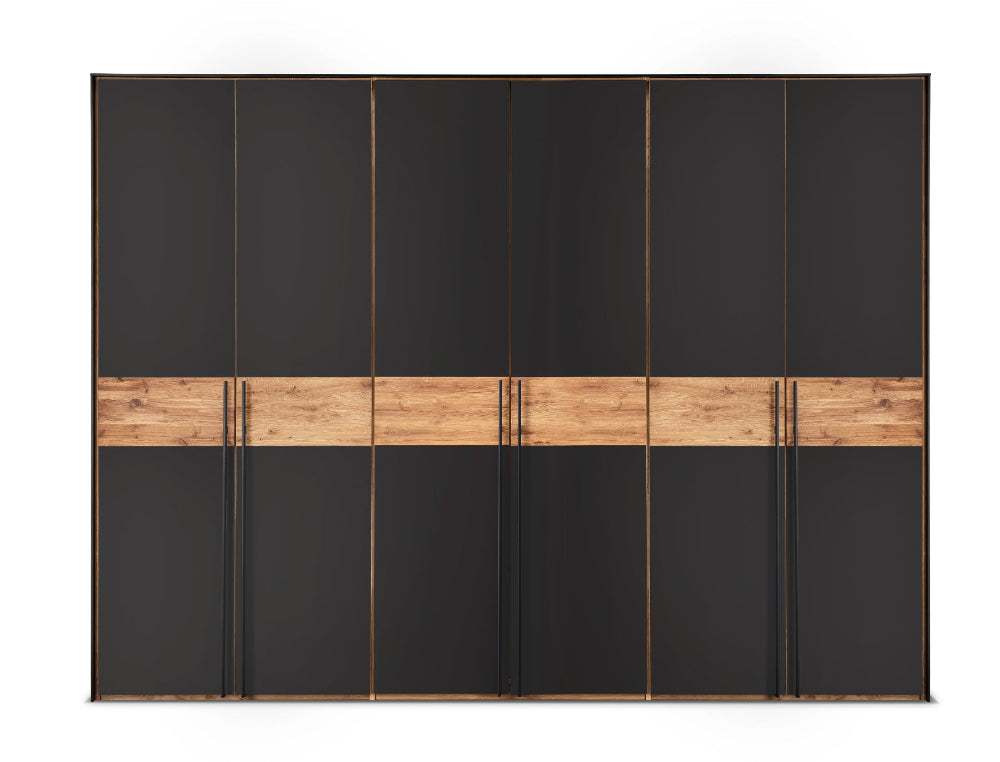 Forestales Drehtürenschrank Boston Wildeiche massiv geölt Fronten komplett aus Anthrazitglas matt B/H/T ca. 150-300 x 219 x 60 cm