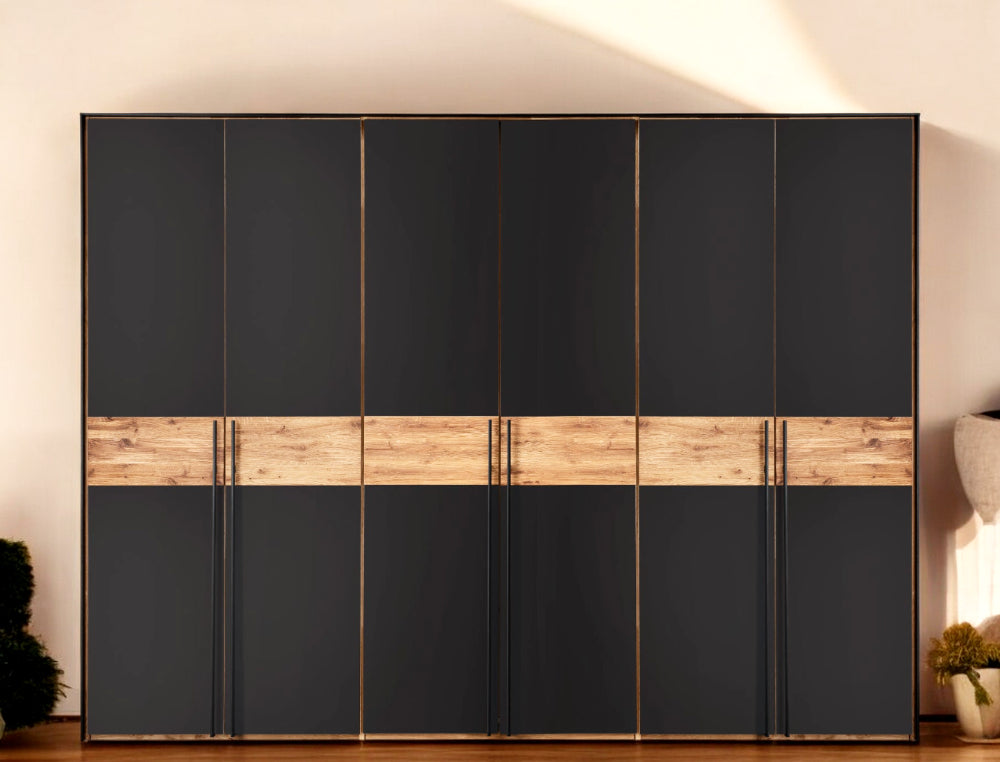 Forestales Drehtürenschrank Boston Wildeiche massiv geölt Fronten komplett aus Anthrazitglas matt B/H/T ca. 150-300 x 219 x 60 cm