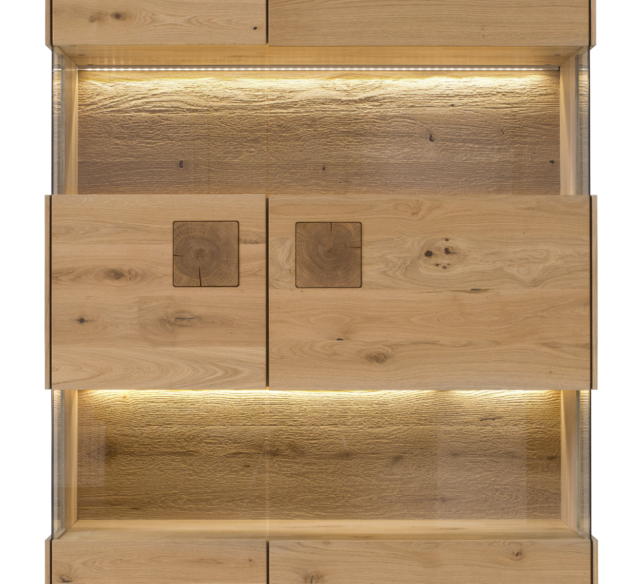 TPT Davos Doppel-Glasvitrine 2-türig, Wildeiche massiv natur/blanco geölt, inkl. Beleuchtung B/H/T 103 x 209 x 44 cm