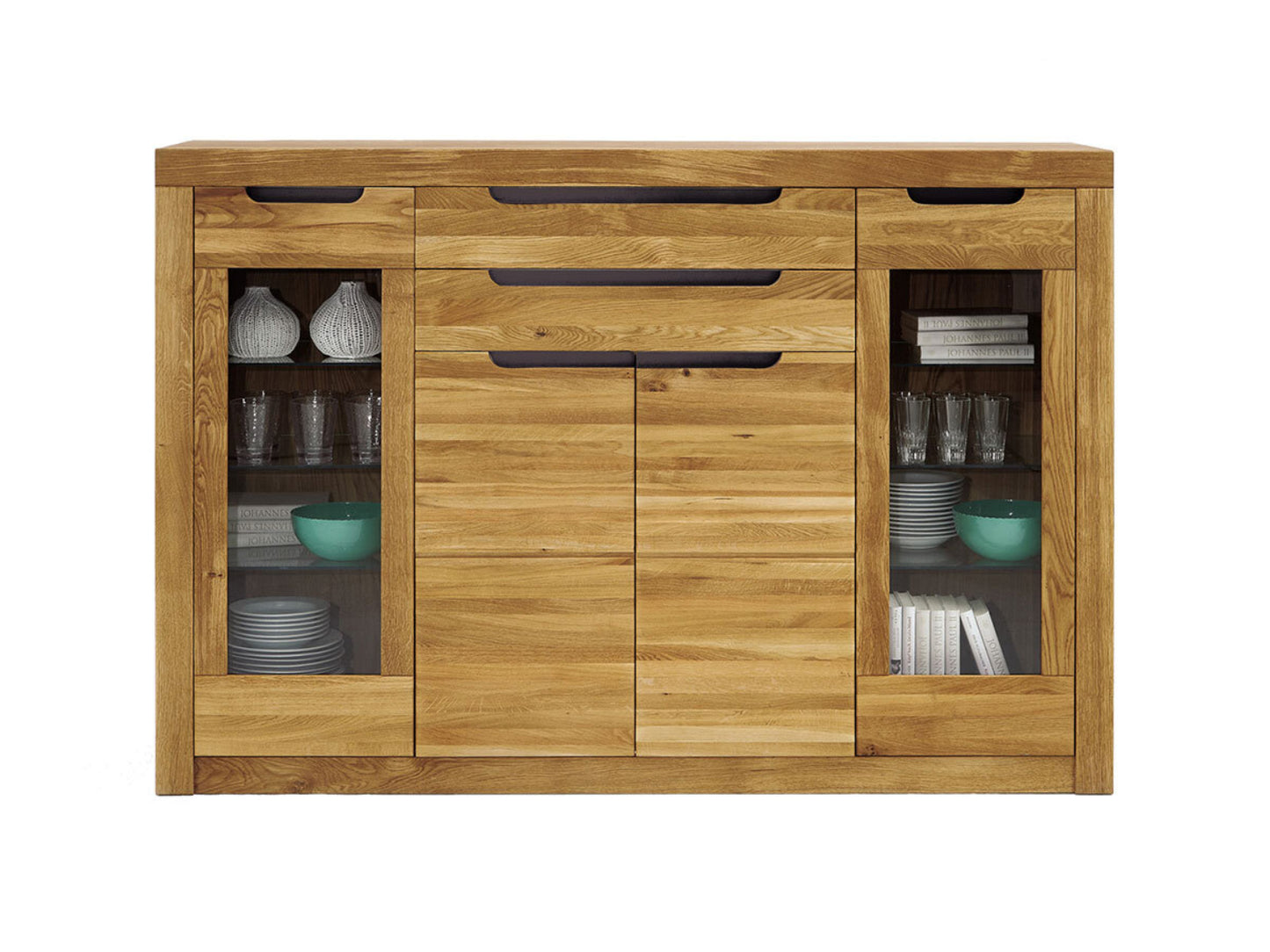 Infantil Basel Esszimmer Highboard Wildeiche massiv 4-türig (2 Glastüren) und 2 Schubladen Breite 175 cm x H 120 cm