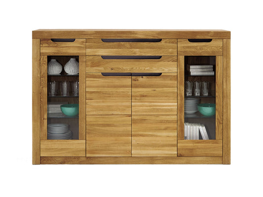 Infantil Basel Esszimmer Highboard Wildeiche massiv 4-türig (2 Glastüren) und 2 Schubladen Breite 175 cm x H 120 cm