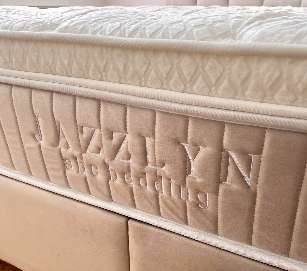 Boxspringbett Jazzlyn Beige Voll-orthopädisches Komfortbett mit Bettkasten, Stauraum, inkl. kostenlose Lieferung und Montage