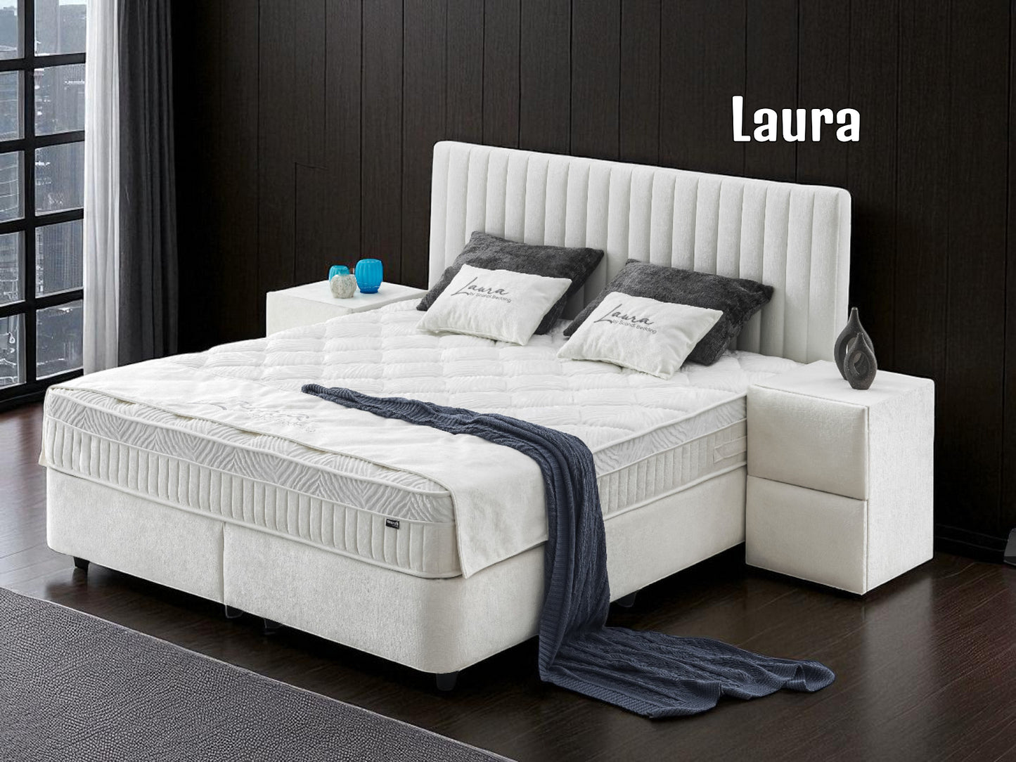 Boxspringbett Laura Cremeweiß Voll-orthopädisches Komfortbett mit Bettkasten, Stauraum, inkl. kostenlose Lieferung und Montage