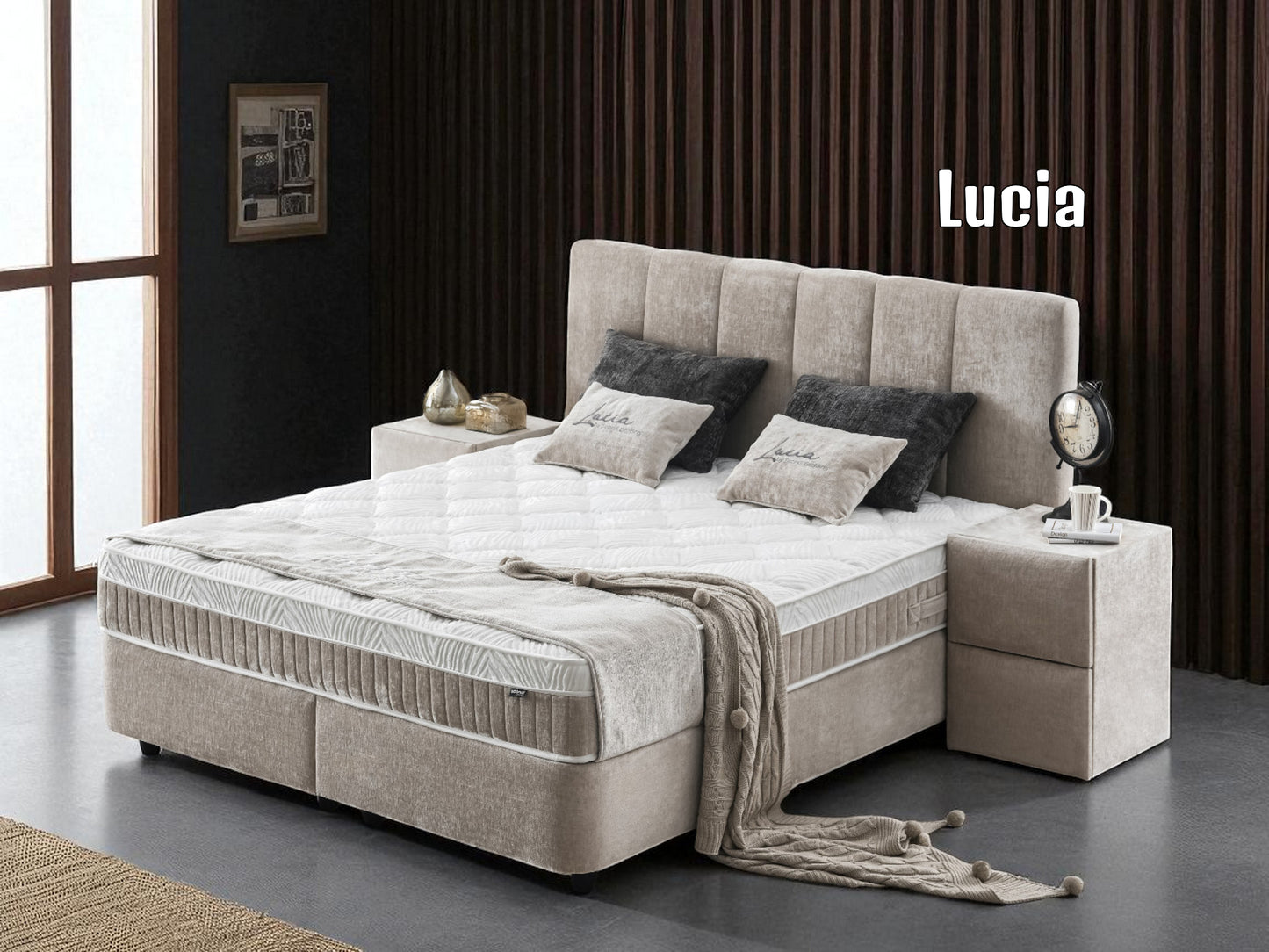 Boxspringbett Lucia Hellgrau/Beige Voll-orthopädisches Komfortbett mit Bettkasten, Stauraum, inkl. kostenlose Lieferung und Montage