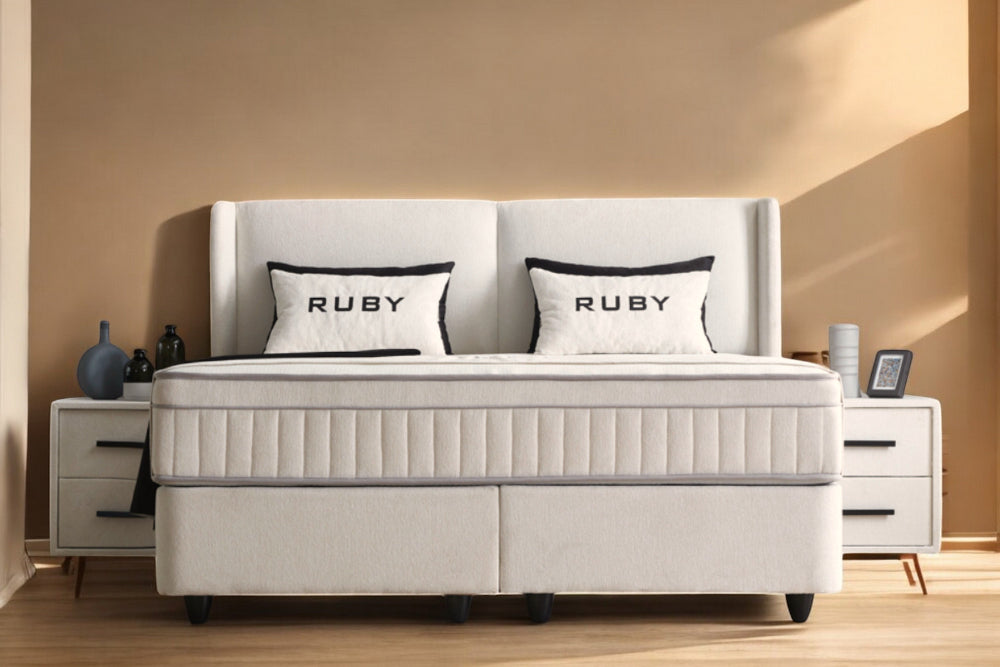 Boxspringbett Ruby Cremeweiß Voll-orthopädisches Komfortbett mit Bettkasten, Stauraum, inkl. kostenlose Lieferung und Montage
