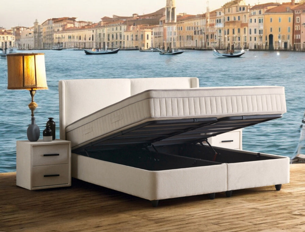 Boxspringbett Ruby Cremeweiß Voll-orthopädisches Komfortbett mit Bettkasten, Stauraum, inkl. kostenlose Lieferung und Montage
