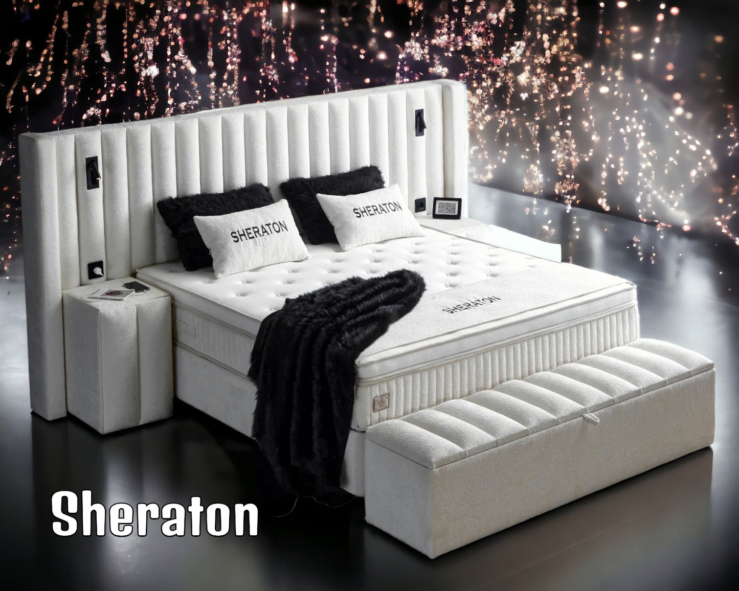 Boxspringbett Sheraton Cremeweiß Voll-orthopädisches Komfortbett mit Bettkasten, Stauraum, inkl. kostenlose Lieferung und Montage, inkl. Beleuchtung und integrierten Steckdosen im Kopfteil
