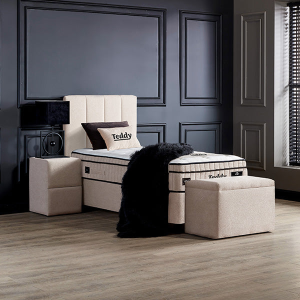Boxspringbett Teddy Cremeweiß Voll-orthopädisches Komfortbett mit Bettkasten, Stauraum, inkl. kostenlose Lieferung und Montage