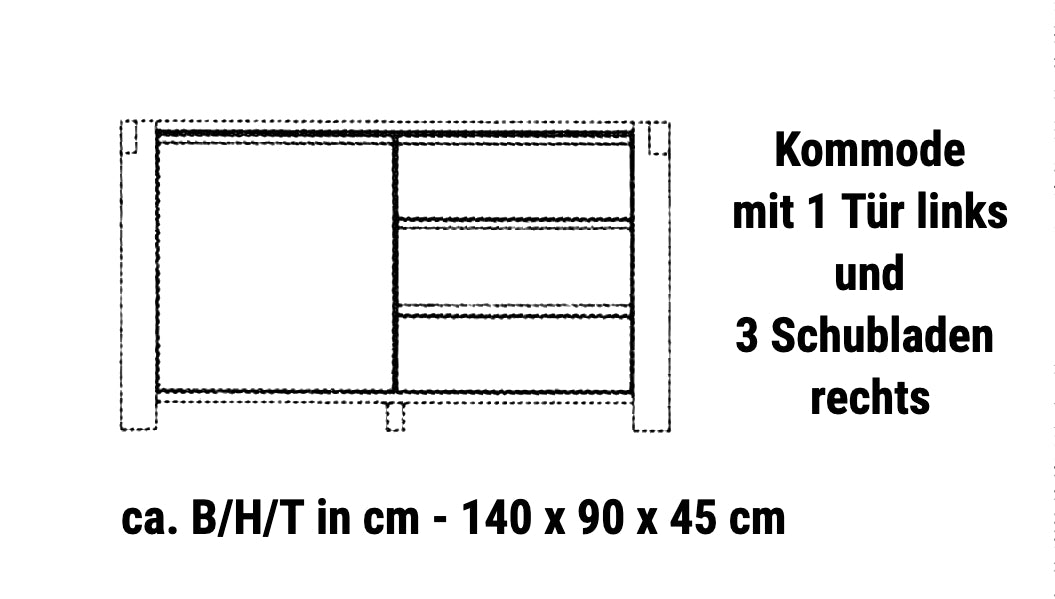 TPT Kommode Woodstock 1-türig und 3 Schubladen Eiche massiv geölt, ca. B/H/T 140 x 90 x 45 cm