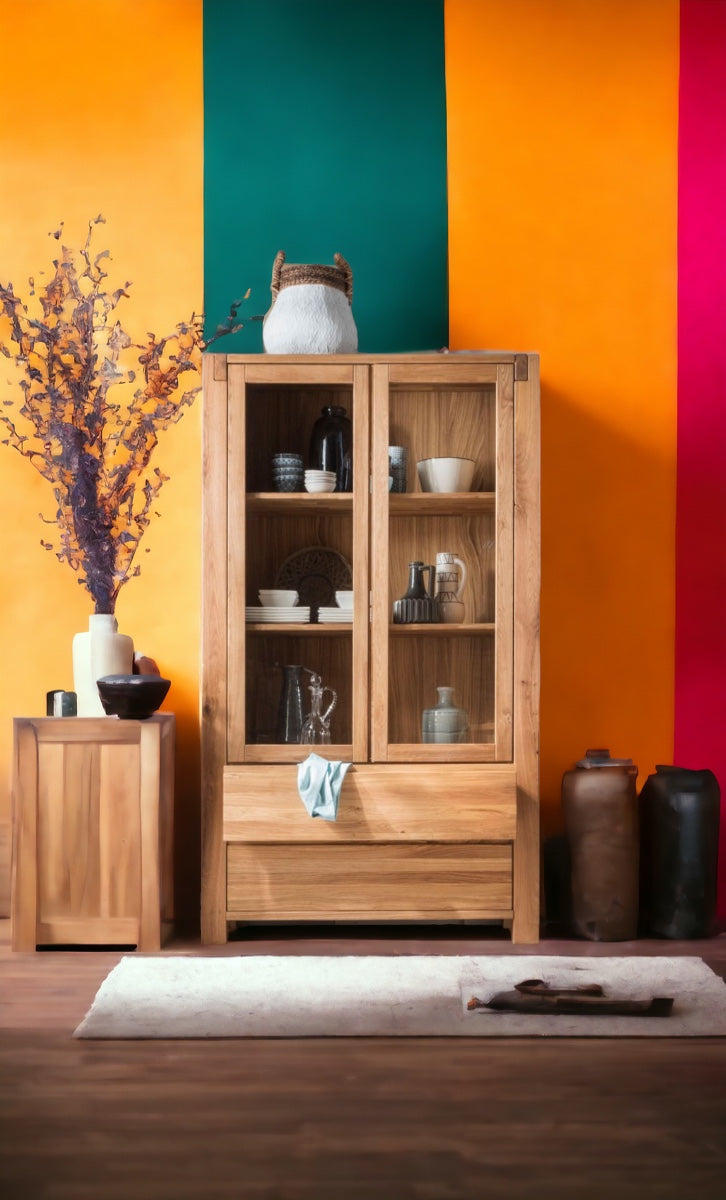 TPT Vitrine Woodstock mit 2 Schubladen Eiche massiv geölt, ca. B/H/T 120 x 200 x 45 cm