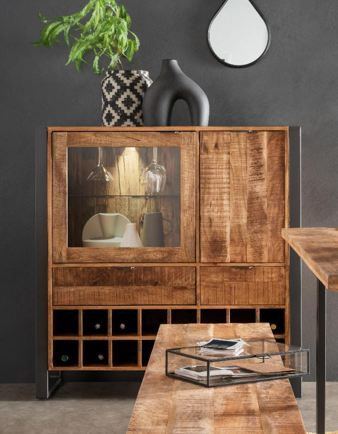 Weinschrank Cayro Mangoholz massiv multifarbig inkl. Beleuchtung B/H/T 116 x 113 x 42 cm