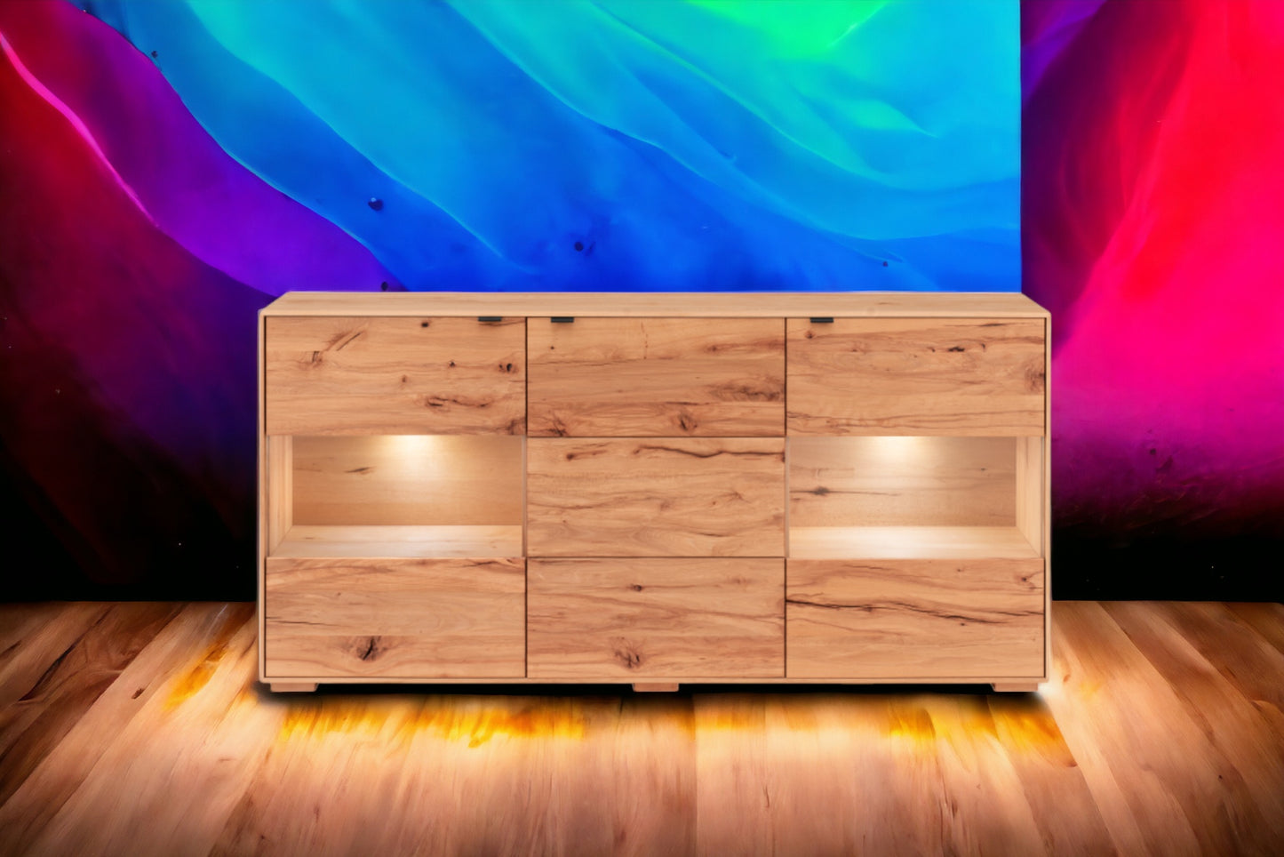 TPT Zerro Sideboard 3-türig mit 2 Glasfronten inkl. Beleuchtung, massiver Kernbuche/Eiche B/H/T 180 x 85 x 42 cm