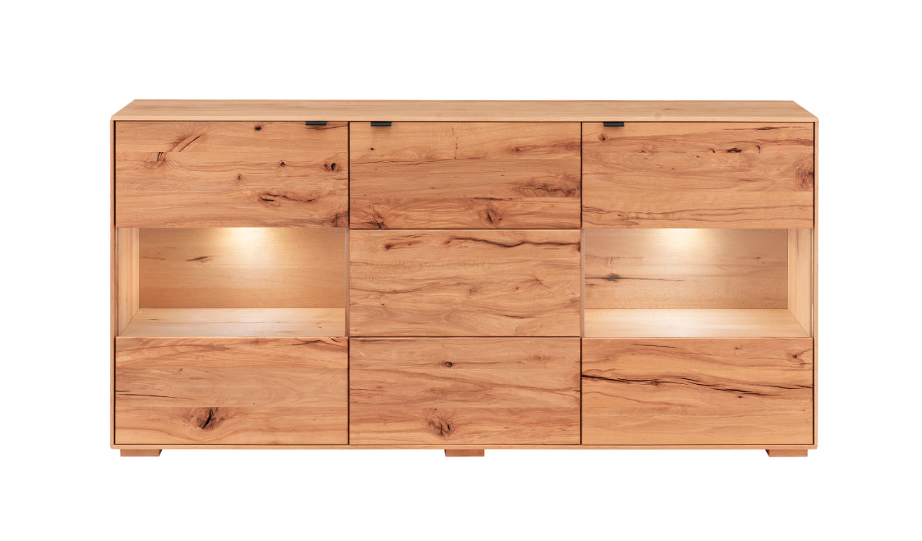 TPT Zerro Sideboard 3-türig mit 2 Glasfronten inkl. Beleuchtung, massiver Kernbuche/Eiche B/H/T 180 x 85 x 42 cm