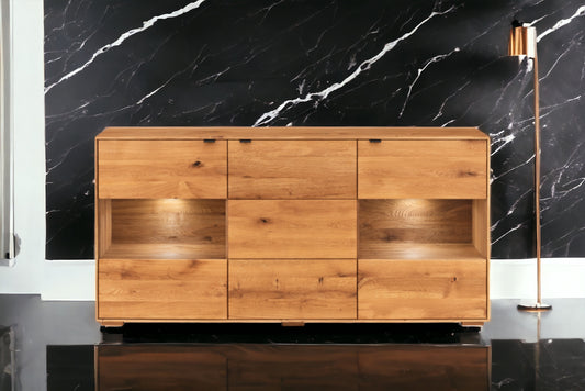 TPT Zerro Sideboard 3-türig mit 2 Glasfronten inkl. Beleuchtung, massiver Kernbuche/Eiche B/H/T 180 x 85 x 42 cm