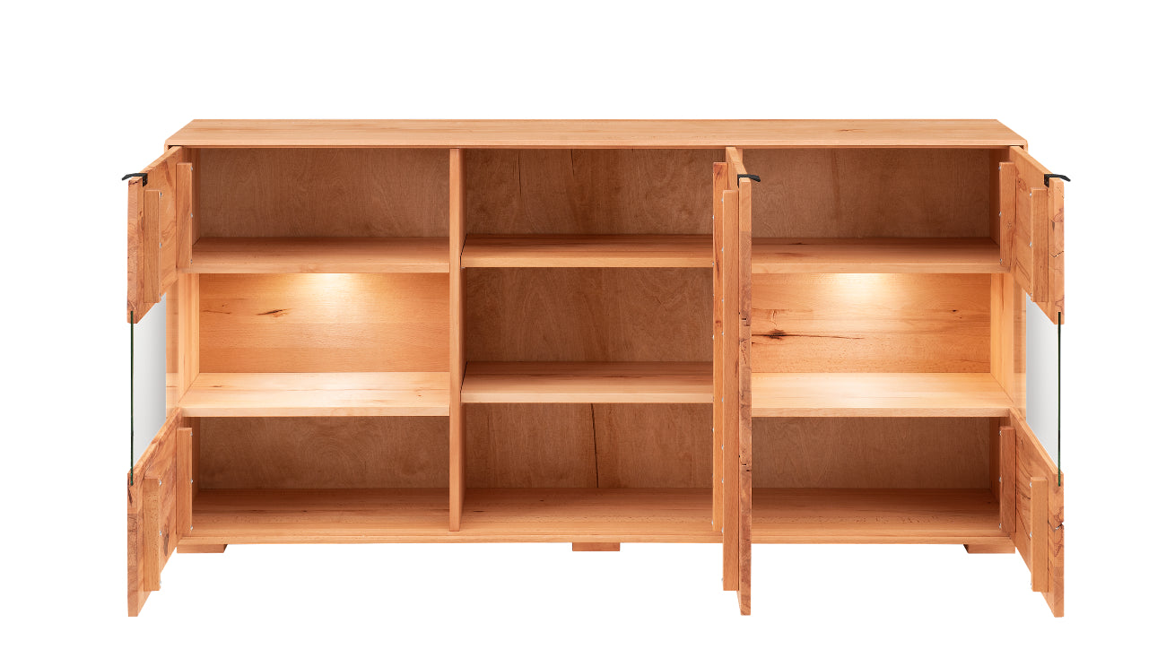TPT Zerro Sideboard 3-türig mit 2 Glasfronten inkl. Beleuchtung, massiver Kernbuche/Eiche B/H/T 180 x 85 x 42 cm