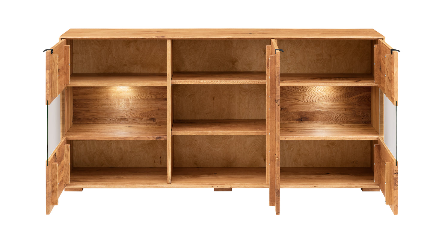 TPT Zerro Sideboard 3-türig mit 2 Glasfronten inkl. Beleuchtung, massiver Kernbuche/Eiche B/H/T 180 x 85 x 42 cm