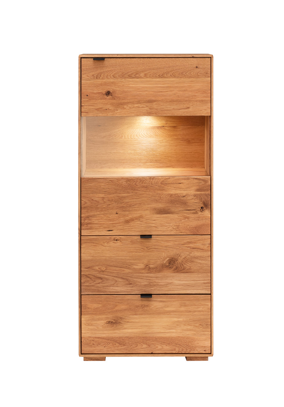 TPT Zerro Vitrine 1-türig mit Schubladen, inkl. Beleuchtung massiver Kernbuche/Eiche B/H/T 60 x 140 x 42 cm