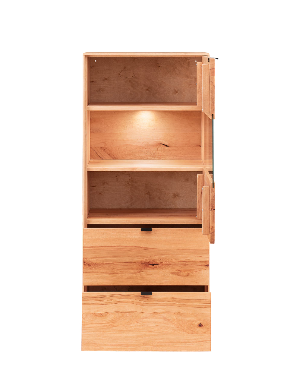 TPT Zerro Vitrine 1-türig mit Schubladen, inkl. Beleuchtung massiver Kernbuche/Eiche B/H/T 60 x 140 x 42 cm