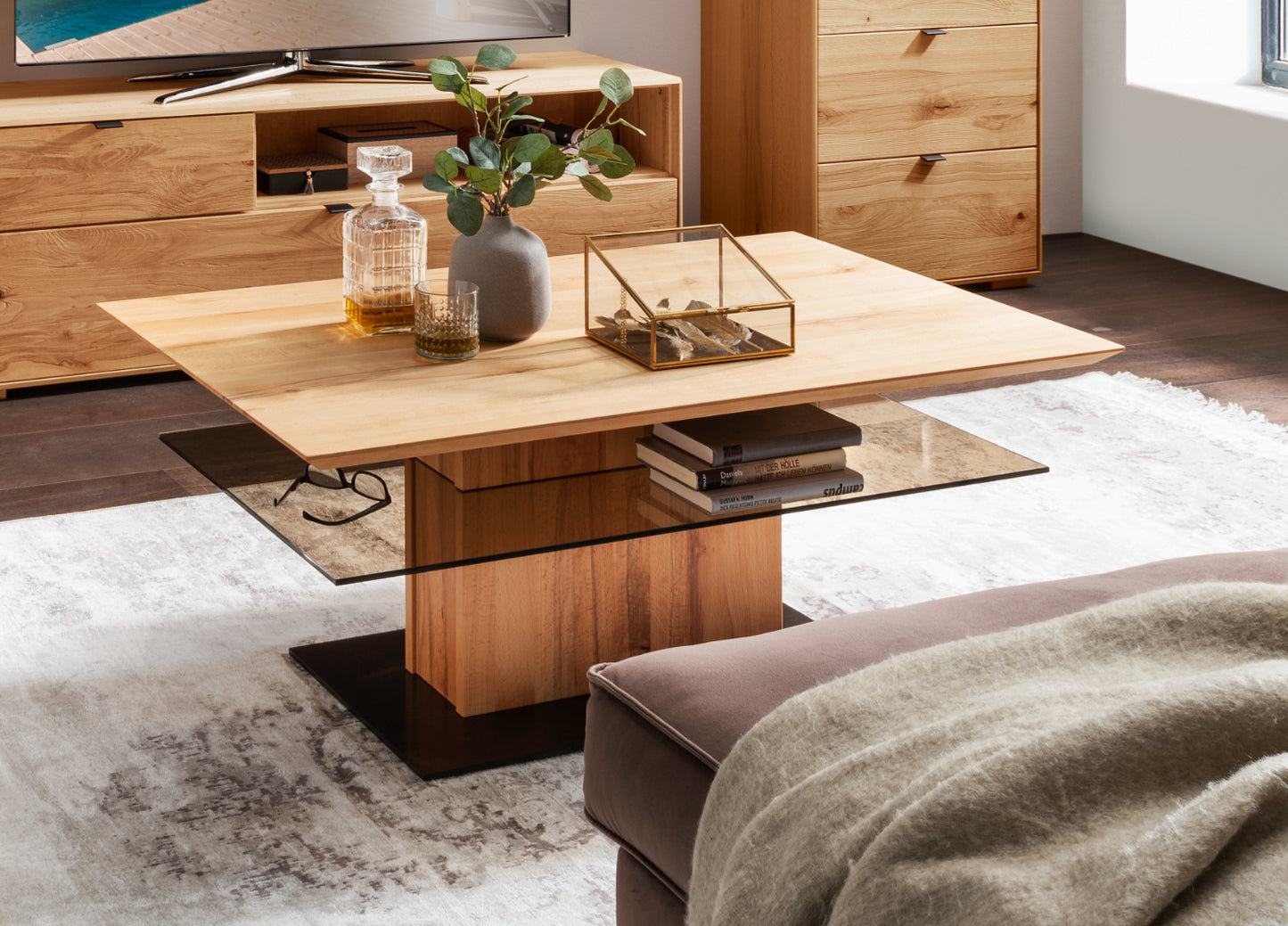 TPT Zerro Couchtisch mit Glasplatte aus massiver Kernbuche/Eiche B/H/T 113 x 45 x 70 cm