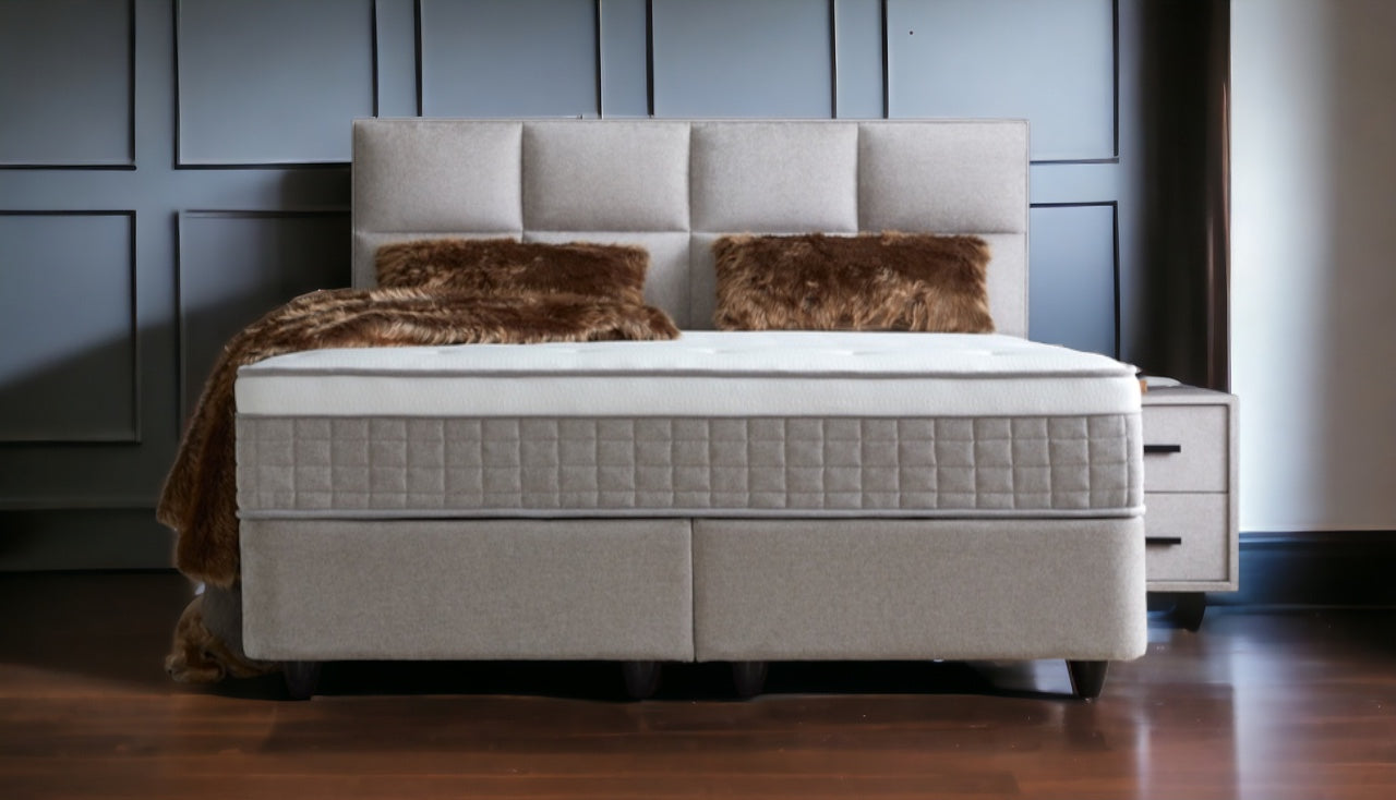 Boxspringbett Ayana Hellgrau/Beige Voll-orthopädisches Komfortbett mit Bettkasten, Stauraum, inkl. kostenlose Lieferung und Montage