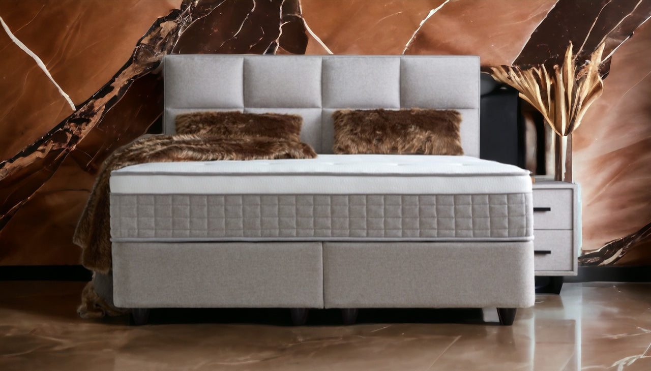 Boxspringbett Ayana Hellgrau/Beige Voll-orthopädisches Komfortbett mit Bettkasten, Stauraum, inkl. kostenlose Lieferung und Montage