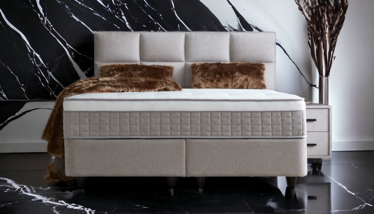 Boxspringbett Ayana Hellgrau/Beige Voll-orthopädisches Komfortbett mit Bettkasten, Stauraum, inkl. kostenlose Lieferung und Montage