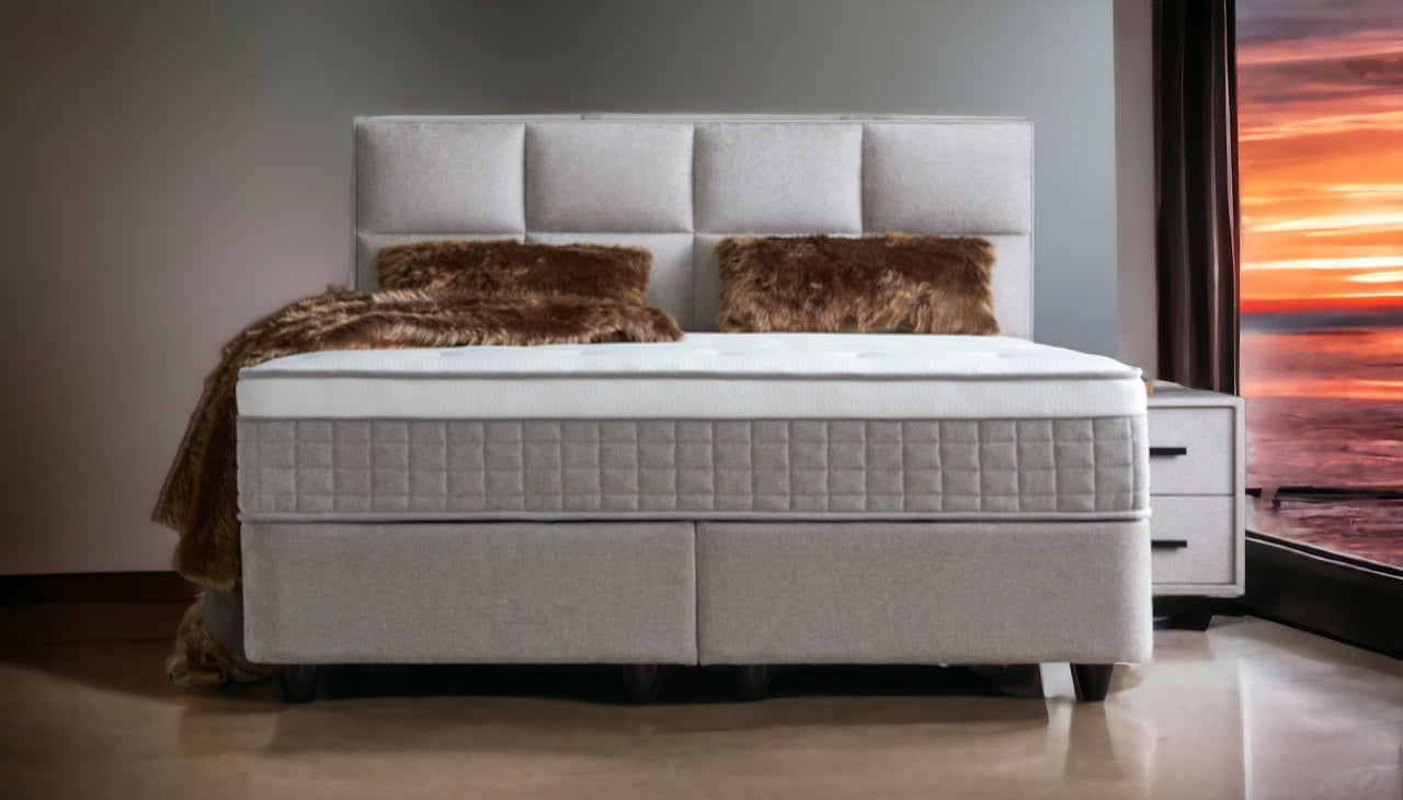 Boxspringbett Ayana Hellgrau/Beige Voll-orthopädisches Komfortbett mit Bettkasten, Stauraum, inkl. kostenlose Lieferung und Montage