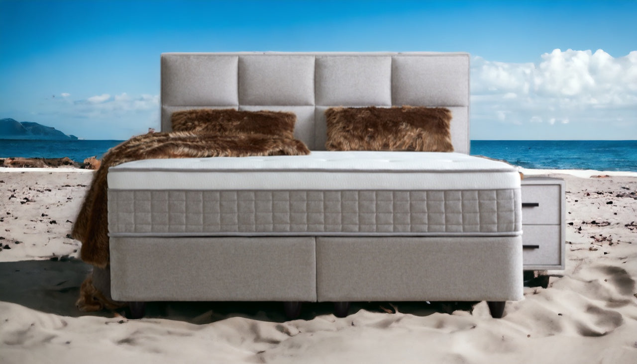 Boxspringbett Ayana Hellgrau/Beige Voll-orthopädisches Komfortbett mit Bettkasten, Stauraum, inkl. kostenlose Lieferung und Montage