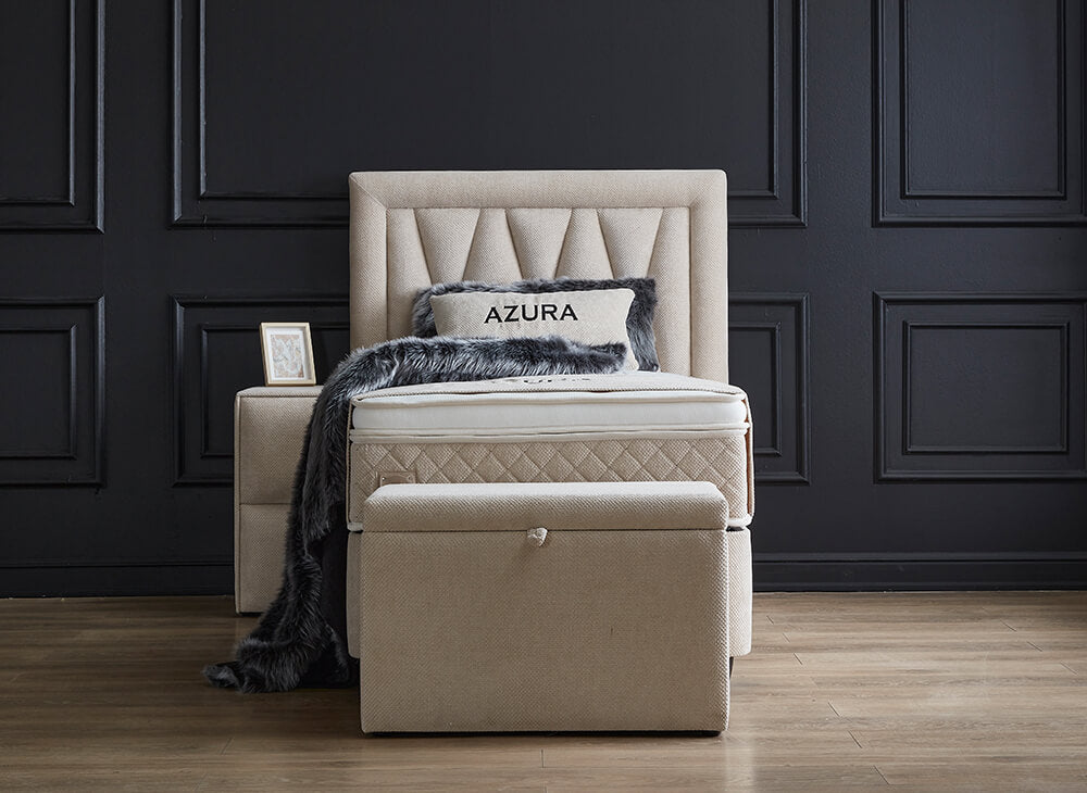 Boxspringbett Azura Beige Voll-orthopädisches Komfortbett mit Bettkasten, Stauraum, inkl. kostenlose Lieferung und Montage