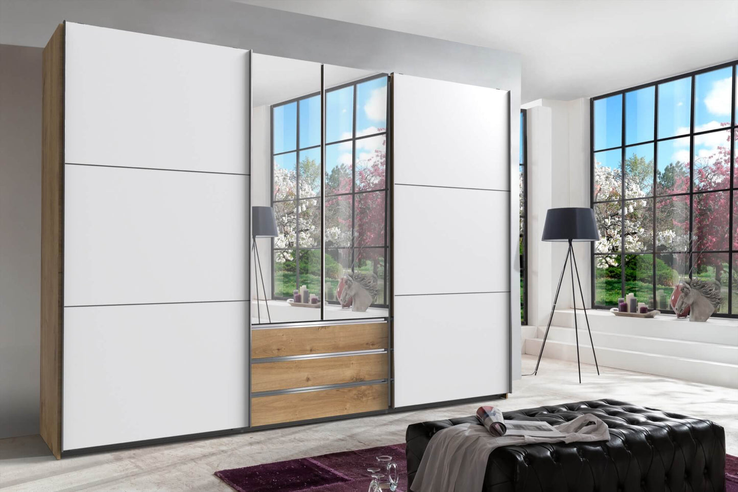 Funktions-Schwebetürenschrank Magic Holzdekor mit 2 Spiegeltüren B/H/T ca. 300 x 216 x 65 cm
