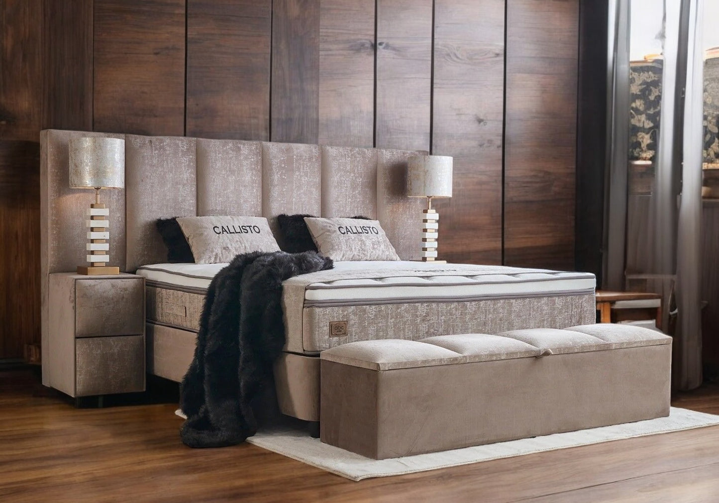 Boxspringbett Callisto Beige Voll-orthopädisches Komfortbett mit Bettkasten, Stauraum, inkl. kostenlose Lieferung und Montage