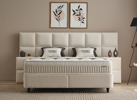Boxspringbett Conso Beige Voll-orthopädisches Komfortbett mit Bettkasten, Stauraum, inklusive kostenlose Lieferung und Montage