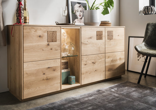 TPT Davos Sideboard 3-türig Wildeiche massiv natur/blanco geölt, inkl. Beleuchtung B/H/T 170 x 80 x 44 cm