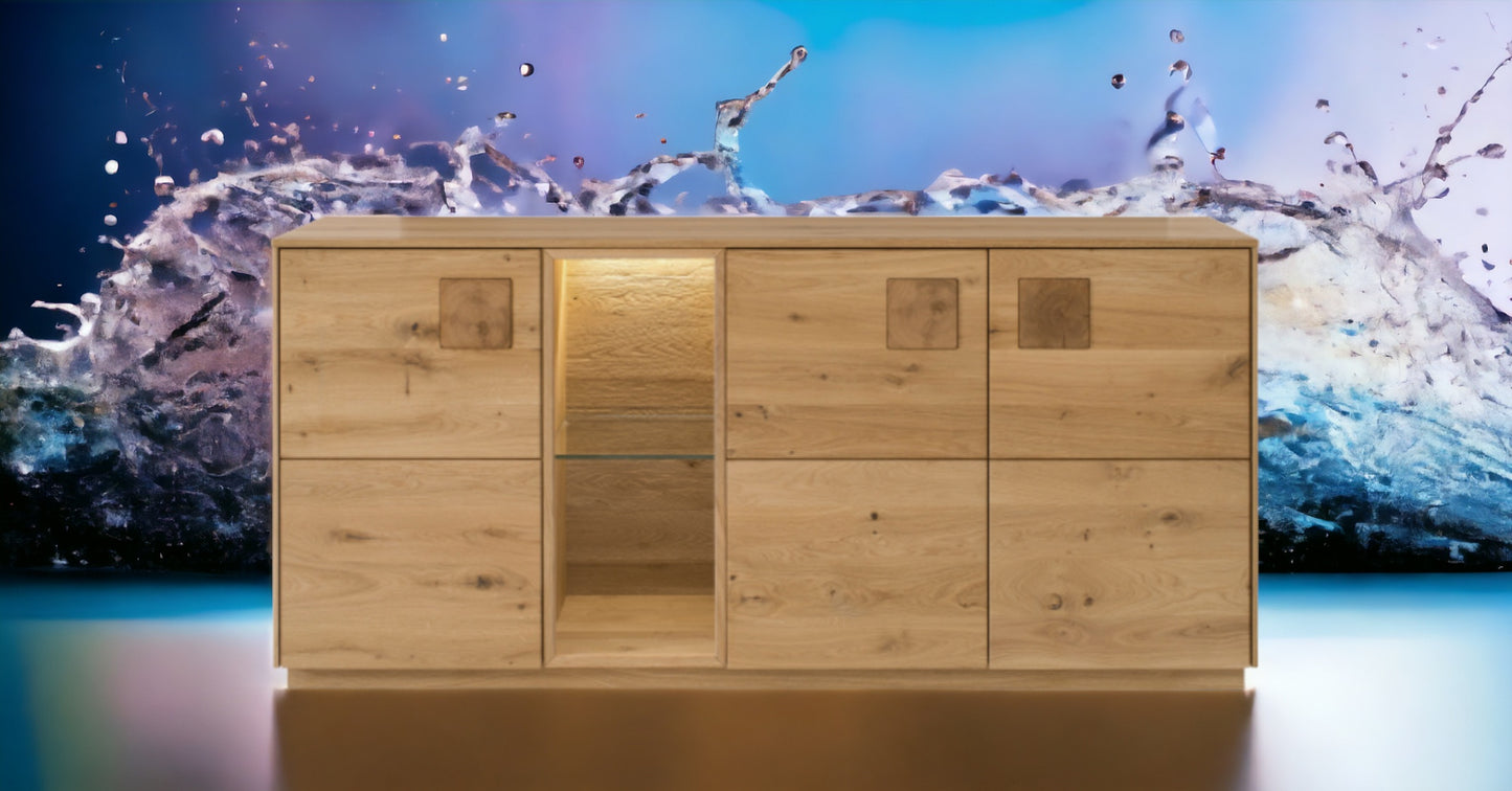 TPT Davos Sideboard 3-türig Wildeiche massiv natur/blanco geölt, inkl. Beleuchtung B/H/T 170 x 80 x 44 cm