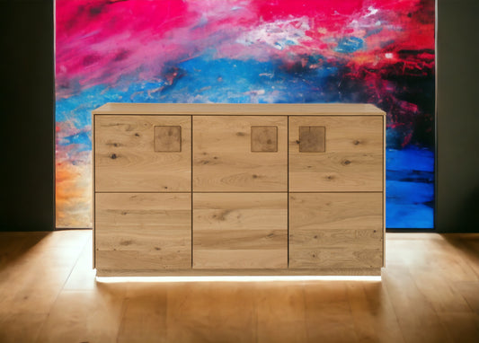 TPT Davos Sideboard 3-türig Wildeiche massiv natur/blanco geölt, inkl. Beleuchtung B/H/T 140 x 80 x 44 cm