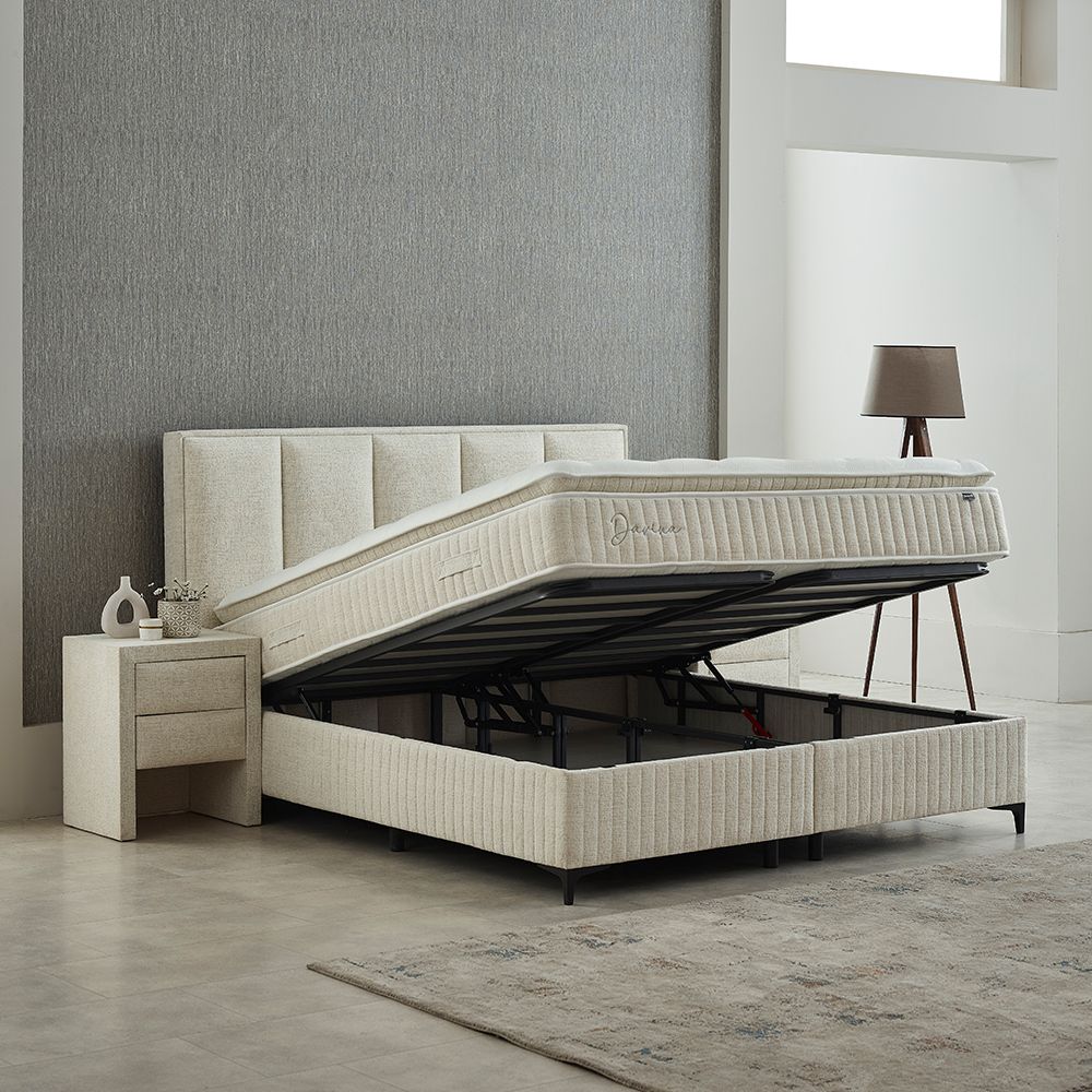 Boxspringbett Davina Beige Voll-orthopädisches Komfortbett mit Bettkasten, Stauraum, inkl. kostenlose Lieferung und Montage