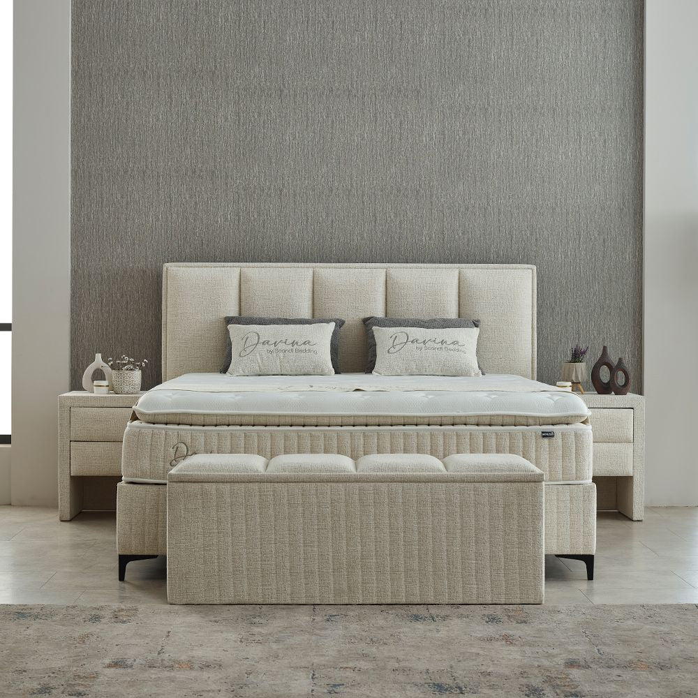 Boxspringbett Davina Beige Voll-orthopädisches Komfortbett mit Bettkasten, Stauraum, inkl. kostenlose Lieferung und Montage