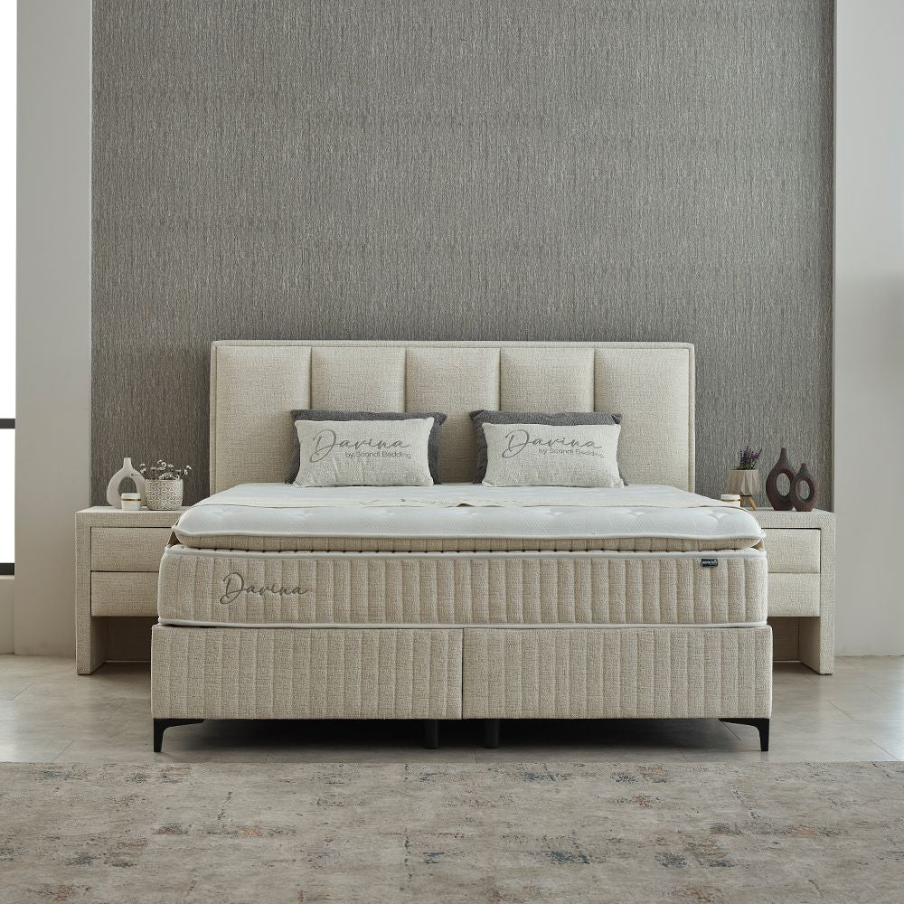 Boxspringbett Davina Beige Voll-orthopädisches Komfortbett mit Bettkasten, Stauraum, inkl. kostenlose Lieferung und Montage