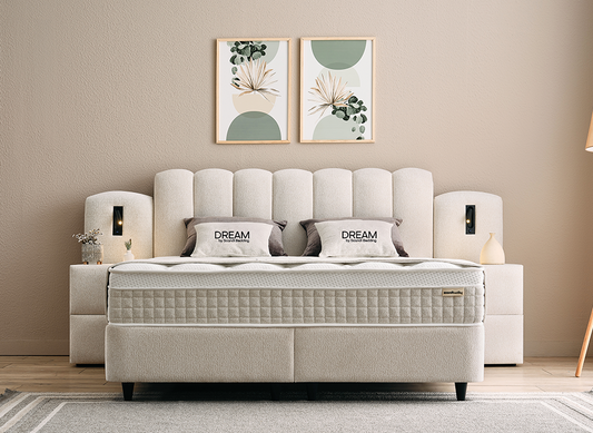 Boxspringbett Dream Cremebeige Voll-orthopädisches Komfortbett mit Bettkasten, Stauraum, inkl. Beleuchtung im Kopfteil, inklusive kostenlose Lieferung und Montage