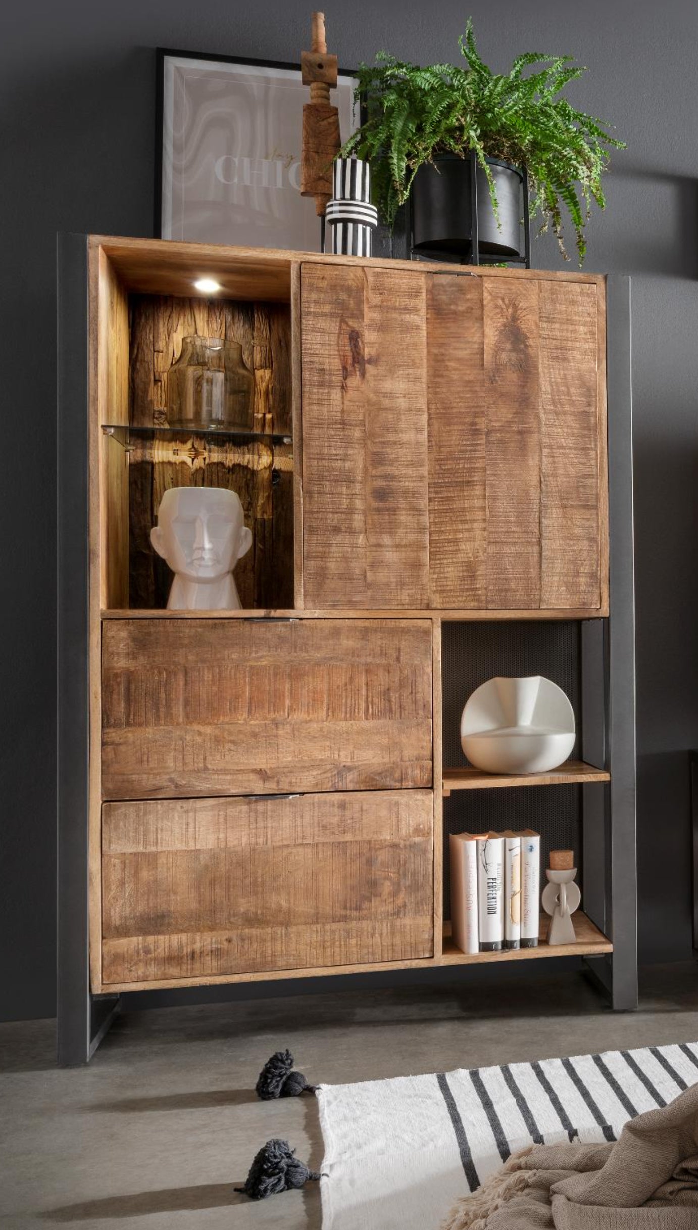 Esszimmer Highboard Cayro Mangoholz massiv multifarbig inkl. Beleuchtung B/H/T 104 x 150 x 42 cm