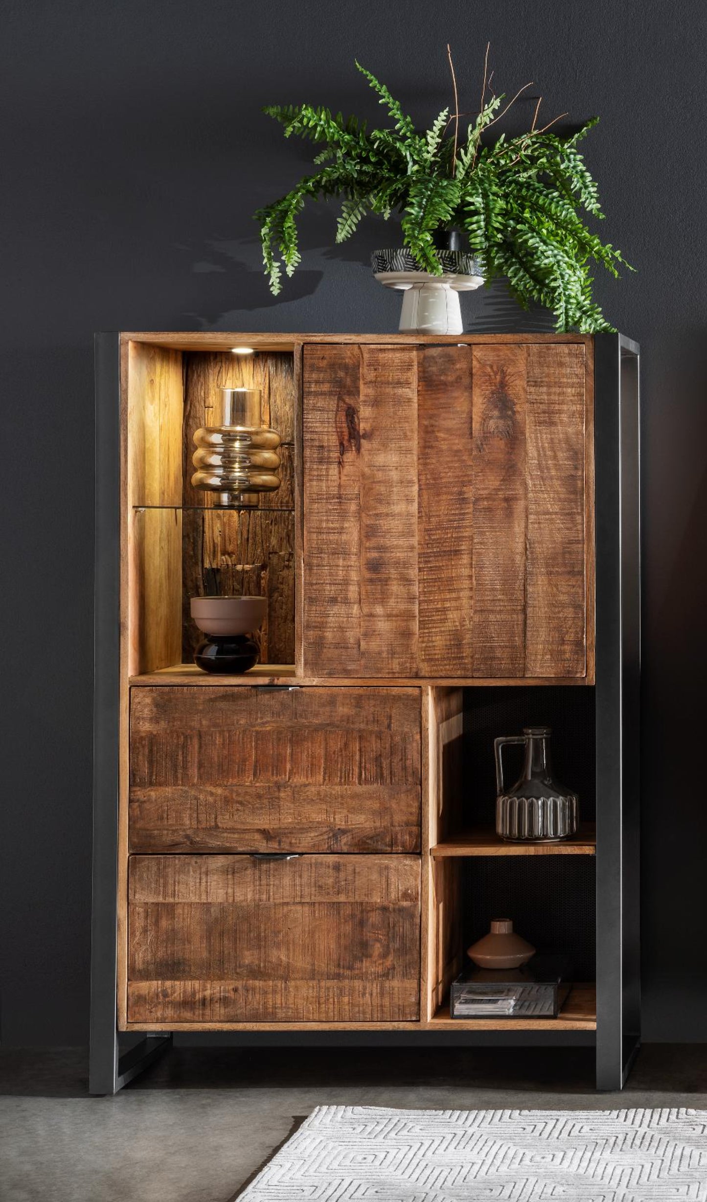Esszimmer Highboard Cayro Mangoholz massiv multifarbig inkl. Beleuchtung B/H/T 104 x 150 x 42 cm