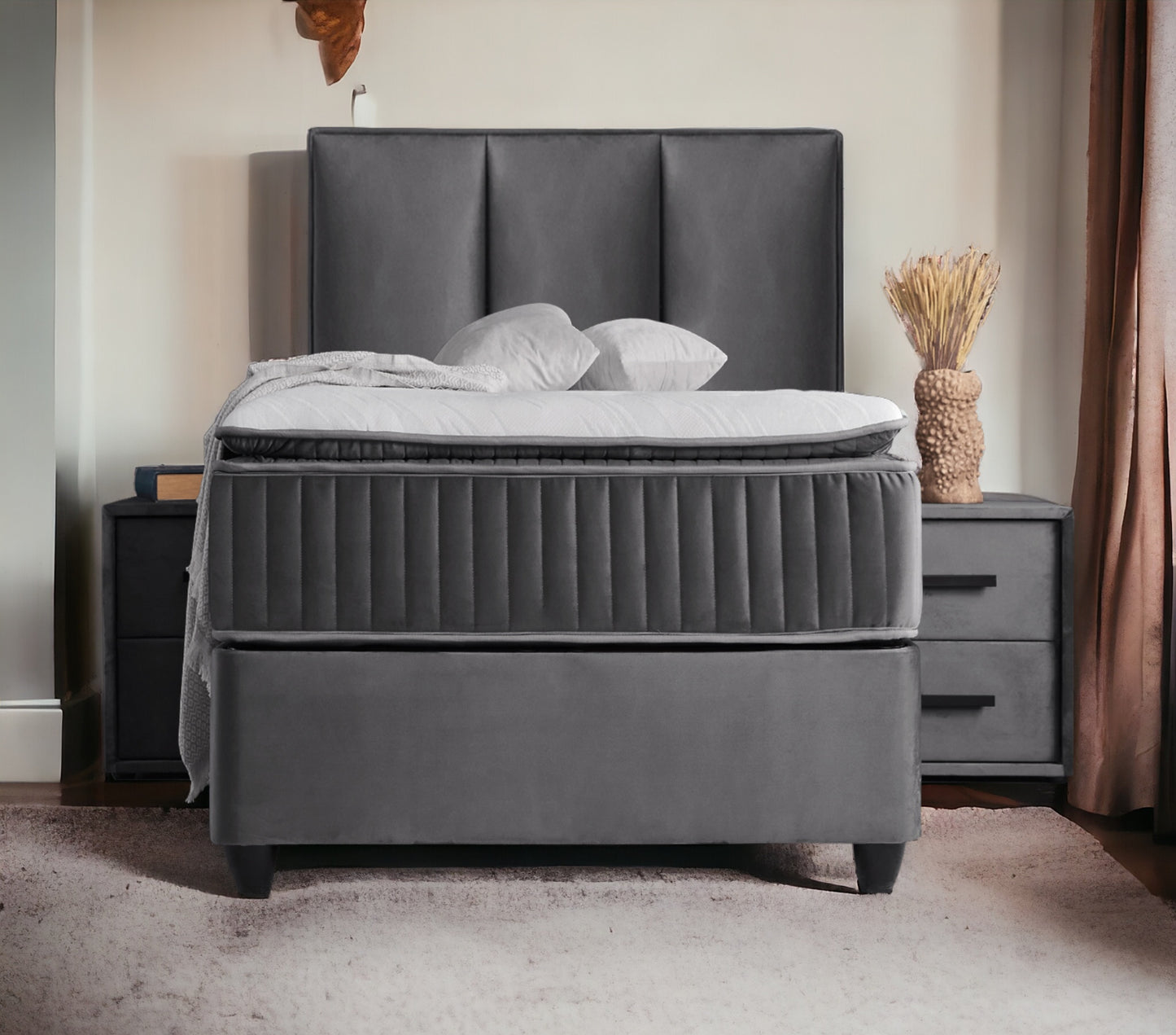 Boxspringbett Nora Grau Voll-orthopädisches Komfortbett mit Bettkasten, Stauraum, inkl. kostenlose Lieferung und Montage
