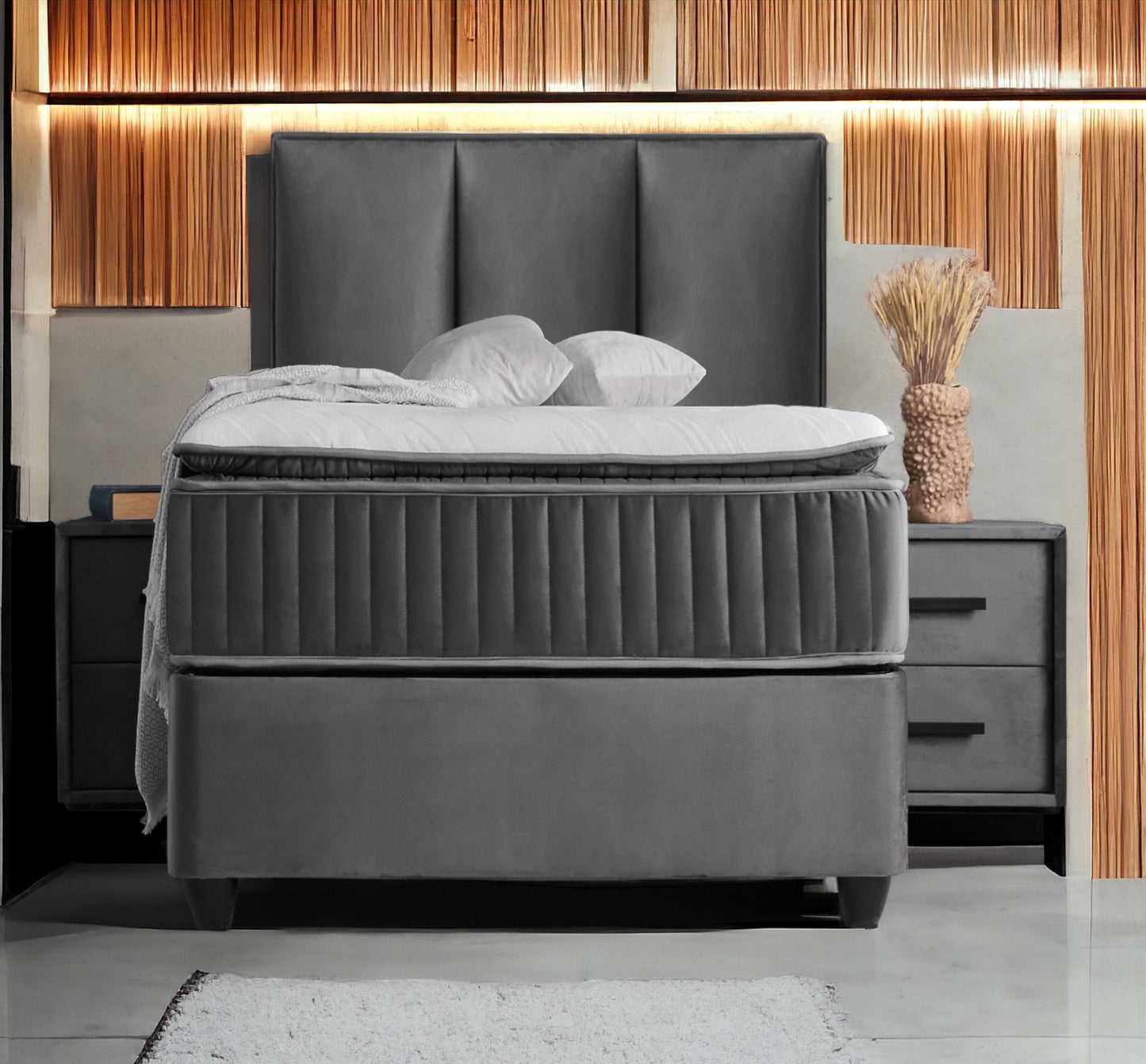 Boxspringbett Nora Grau Voll-orthopädisches Komfortbett mit Bettkasten, Stauraum, inkl. kostenlose Lieferung und Montage