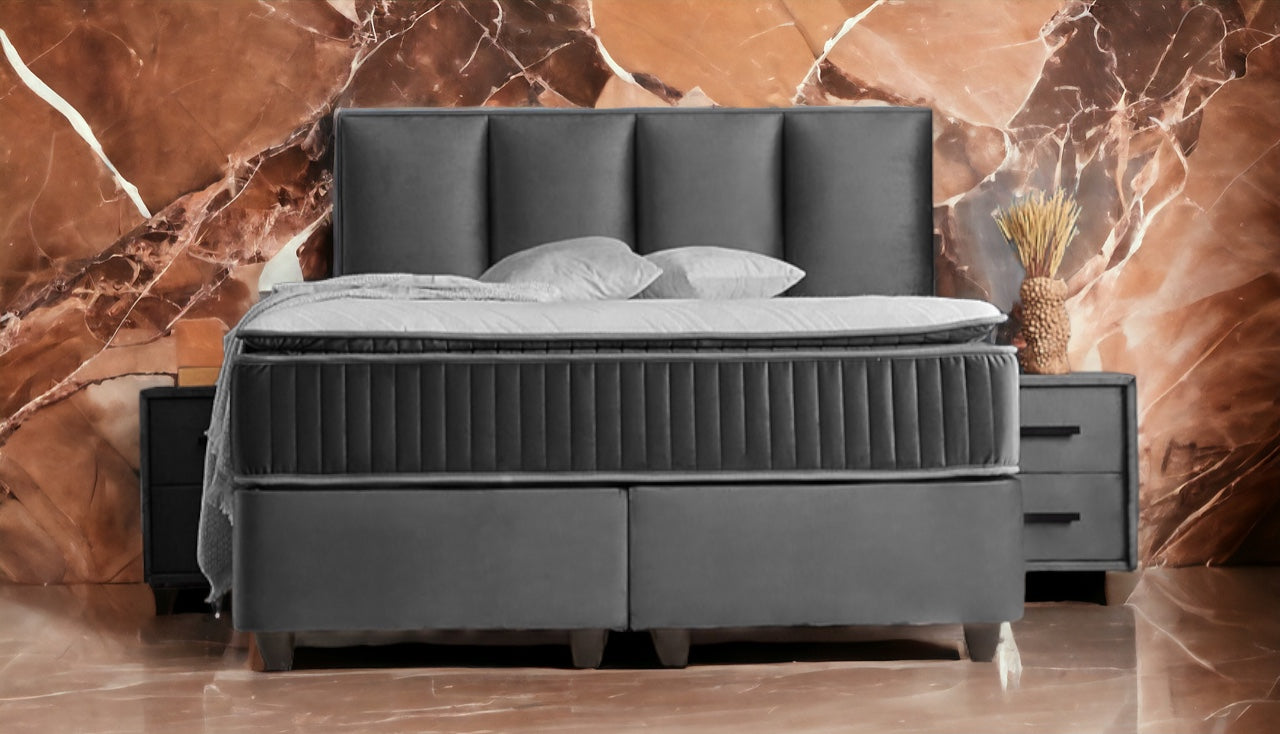 Boxspringbett Nora Grau Voll-orthopädisches Komfortbett mit Bettkasten, Stauraum, inkl. kostenlose Lieferung und Montage