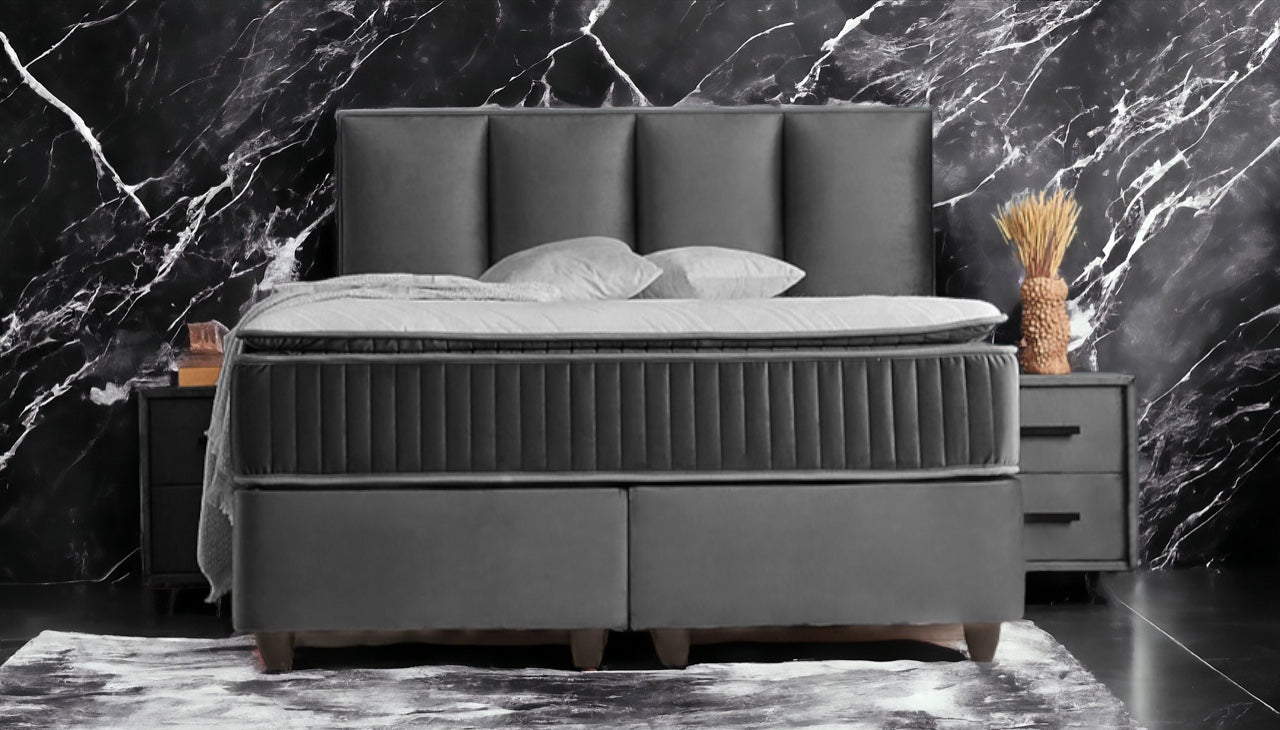 Boxspringbett Nora Grau Voll-orthopädisches Komfortbett mit Bettkasten, Stauraum, inkl. kostenlose Lieferung und Montage