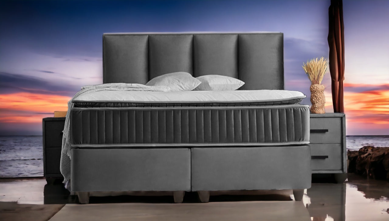 Boxspringbett Nora Grau Voll-orthopädisches Komfortbett mit Bettkasten, Stauraum, inkl. kostenlose Lieferung und Montage