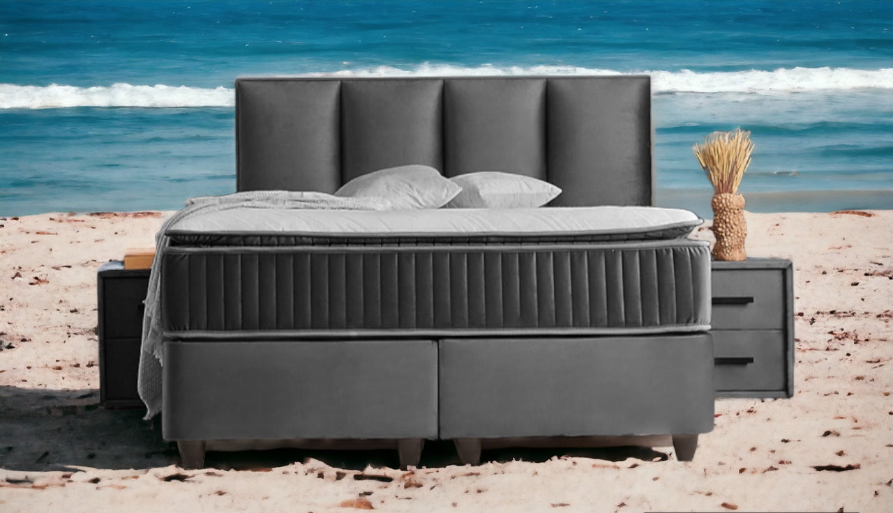 Boxspringbett Nora Grau Voll-orthopädisches Komfortbett mit Bettkasten, Stauraum, inkl. kostenlose Lieferung und Montage