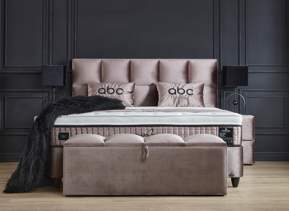 Boxspringbett Phantom Beige Voll-orthopädisches Komfortbett mit Bettkasten, Stauraum, inkl. kostenlose Lieferung und Montage