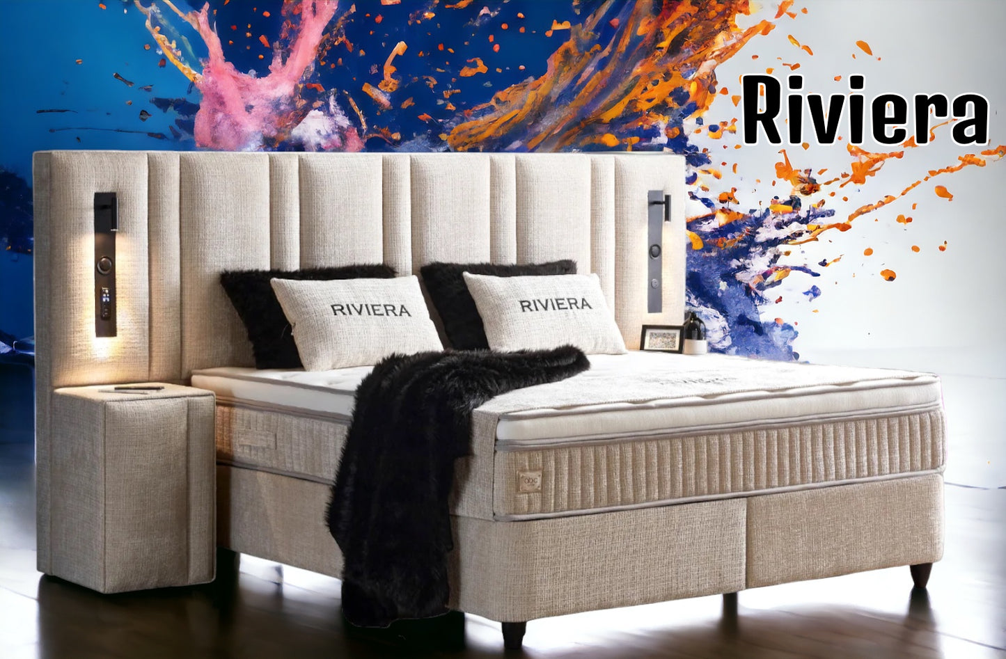 Boxspringbett Riviera Sandbeige Voll-orthopädisches Komfortbett mit Bettkasten, Stauraum, inkl. kostenlose Lieferung und Montage, inkl. Beleuchtung und integrierten USB-Steckdose im Kopfteil